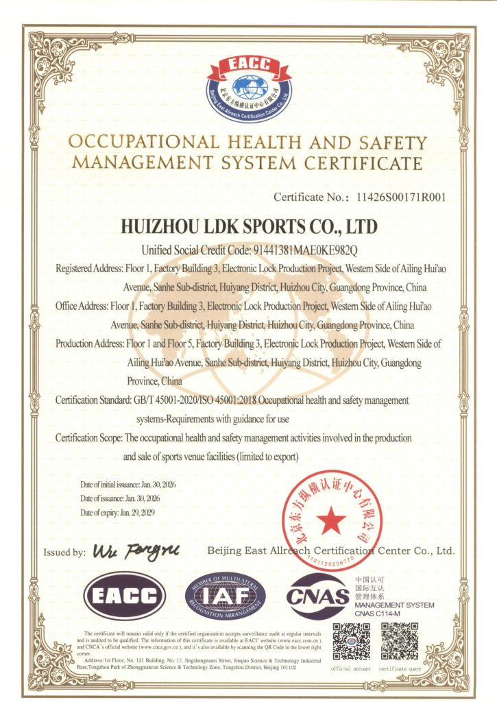 ISO 45001 occupational health and safety certificate for Huizhou LDK Sports Co., Ltd.