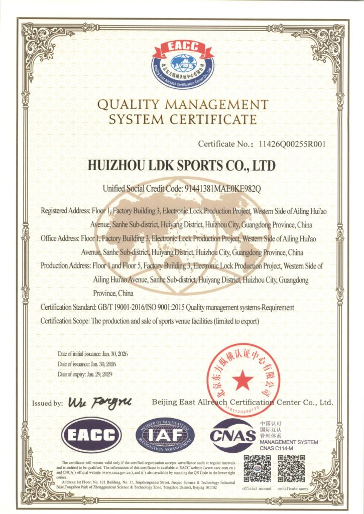 ISO 9001 quality management certificate for Huizhou LDK Sports Co., Ltd.