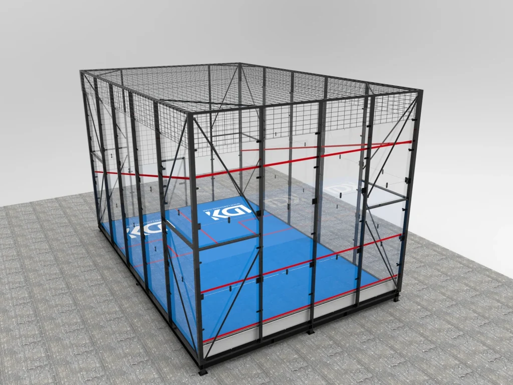 Outdoor Squash Court Enclosure with Glass Walls and Mesh Roof