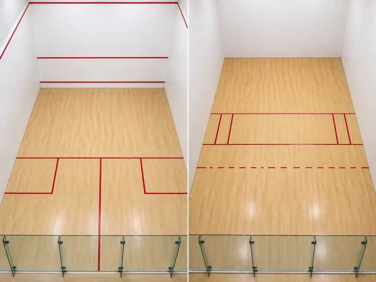 Side-by-side view of an empty squash court and racquetball court showing their different court markings.